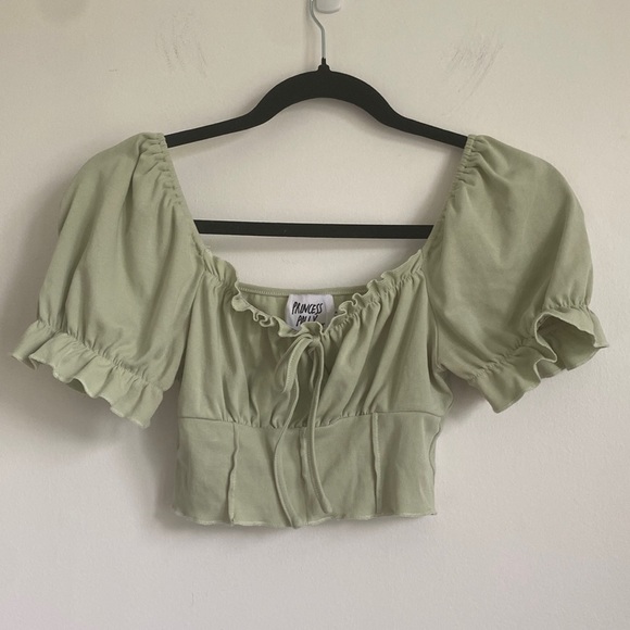 Princess Polly Tops - Princess Polly Peasant Puffy Sleeves Crop Top • Sage Green • US 2